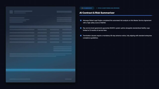 AI Contract Risk Summarizer UI: Automated Legal Engine Scanning Document with Scanning Line Effect, Tech Dashboard