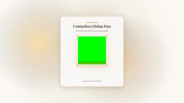 Contactless dining pass card animation. Digital menu ordering card. Restaurant QR scanner template. Self service table ordering popup. Modern UI interface mockup. Green screen mockup area.