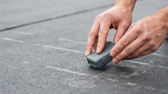 Hands holding small gray moisture meter device against dark asphalt roof surface checking for water penetration or leak damage.