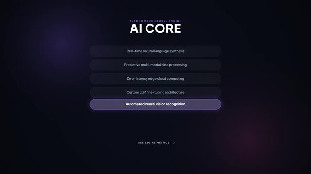 Autonomous neural engine AI core menu animation. Artificial intelligence feature list UI. Natural language processing LLM options. Edge cloud computing interface layout. Dark mode tech UI template.