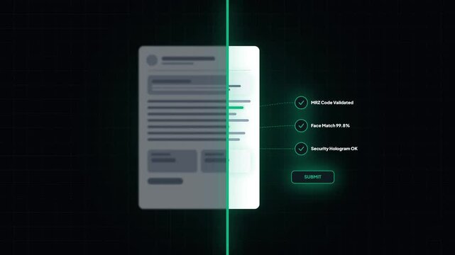 Laser scanner verifying document identity details. Security hologram and face match check. Biometric KYC validation panel. Digital ID authentication screen. Futuristic security scan overlay