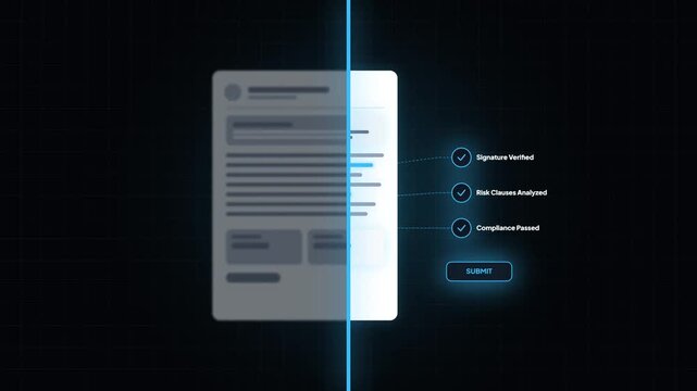 AI document scanner interface. Laser verification scan process overlay. Automated compliance check badge widget. Smart contract validation animation. Futuristic legal paper analyzer UI