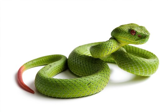 Green pit viper snake coiled on white background