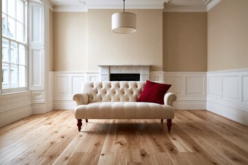 Obraz premium Cream tufted sofa with red pillow in elegant