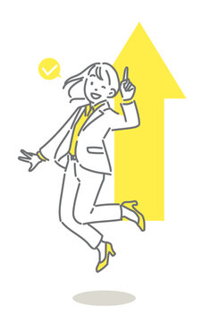 ジャンプする若いビジネスウーマン　シンプルでお洒落な線画いイラスト