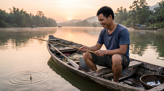 Asian man in traditional wooden boat smiling while holding a bamboo fishing rod at sunrise
