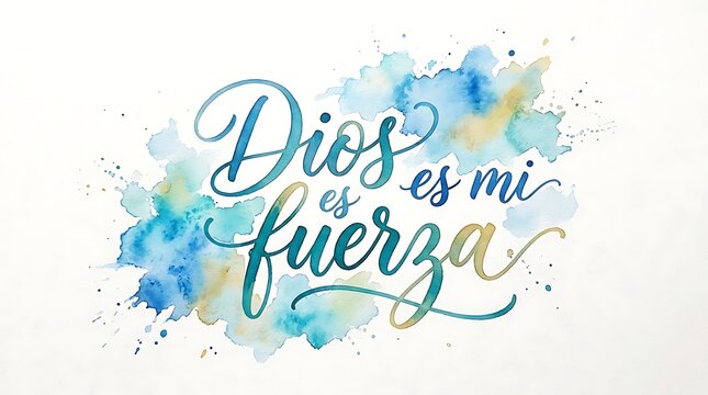 Spanish text Dios es mi fuerza meaning God is my strength watercolor calligraphy lettering design