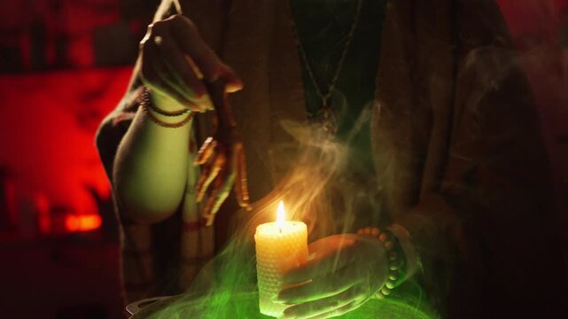 A close-up of a woman's hands hovering over a cauldron. Green steam rises. A beeswax candle burns, along with a dry chicken foot. Preparing a potion