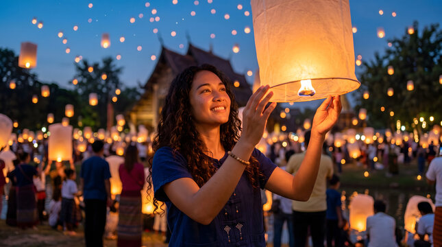 Asian woman holding a lighted sky lantern during traditional night culture festival in Thailand