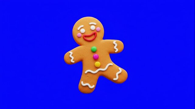 Gingerbread man cookie character with white icing and colored candy buttons against a blue screen. Suitable for holiday, greeting, celebration, banner, promotion, project.