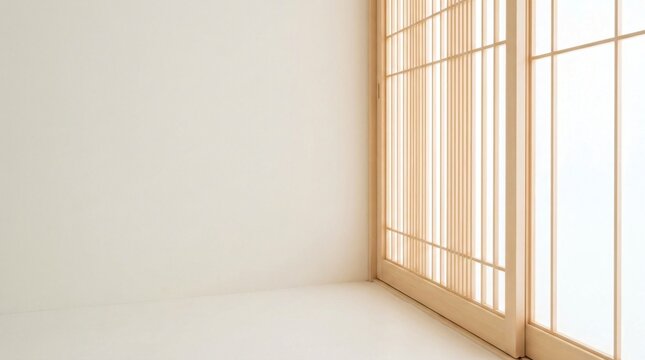 Bright modern japandi interior with hinoki cypress lattice sliding doors and white wall