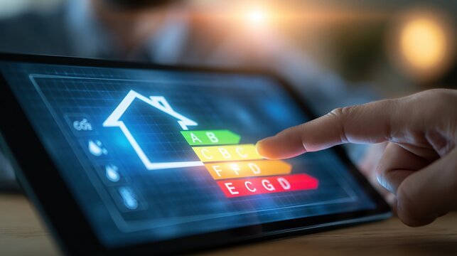 Hand touching tablet screen showing energy efficiency rating