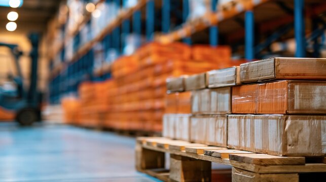 stacked cardboard boxes on wooden pallets in warehouse