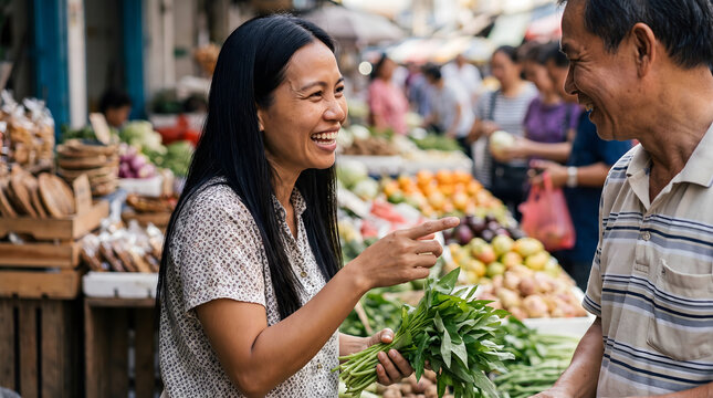 Happy Asian woman choosing fresh vegetables while talking to vendor at traditional outdoor market
