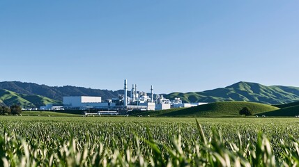 Obraz premium Green cornfield foreground with industrial plant and hills
