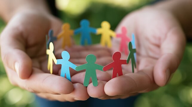 Hands holding colorful paper people circle symbolizing unity