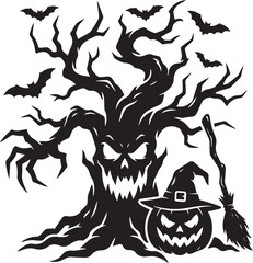 Fototapeta premium halloweenSpooky haunted tree with scary face and jack o lantern