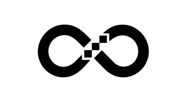 Modern Infinity Symbol Representing Digital Data Transformation with Pixelated Tech Element for Corporate Identity Design