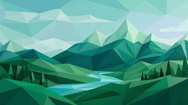 Abstract low-poly landscape featuring emerald green mountains, a winding teal river through a geometric valley, and stylized pine trees under a faceted light blue sky background.