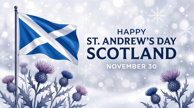 A festive greeting card for St. Andrew's Day featuring the Scottish saltire flag, purple thistles, and snowflake decorations on a soft winter bokeh background.