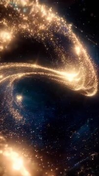 Swirling galaxy of golden particles in a cosmic video, captured from a dynamic angle. Live mobile wallpaper.