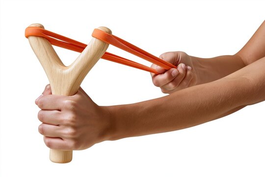 Hands pulling back orange rubber bands on wooden