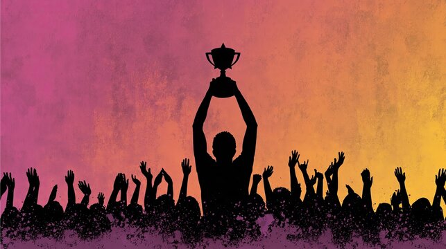 Winner silhouette holding champion trophy high, cheering crowd celebration, orange purple gradient background, success victory honor concept illustration