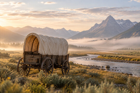 Covered wagon in a river valley at dawn, soft mist and warm light over the plains.