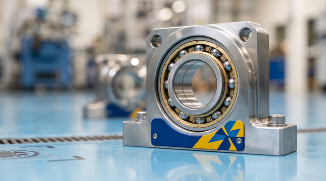 Industrial ball bearing unit with stainless steel housing on blue epoxy floor.