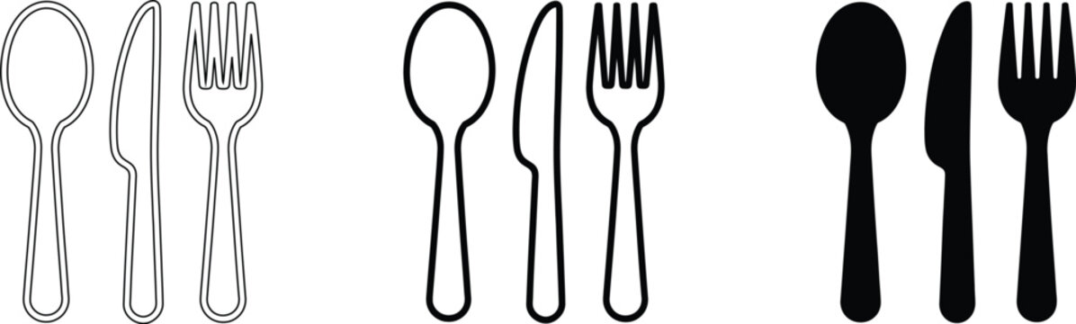 Cutlery icons featuring spoon knife and fork, black and white vector graphics for food service dining restaurants kitchen utensils and tableware designs