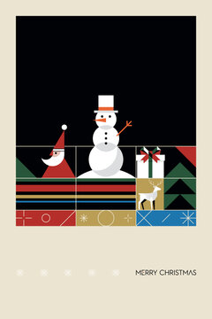Merry Christmas greeting card with minimalist geometric Santa Claus, snowman and elements modern retro style in black frame on beige background vertical template have blank space.