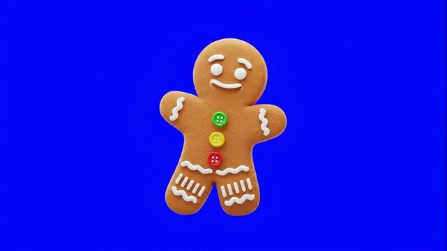 Gingerbread man cookie character with icing and candy buttons against a blue screen. Suitable for holiday, greeting, celebration, banner, promotion, project.