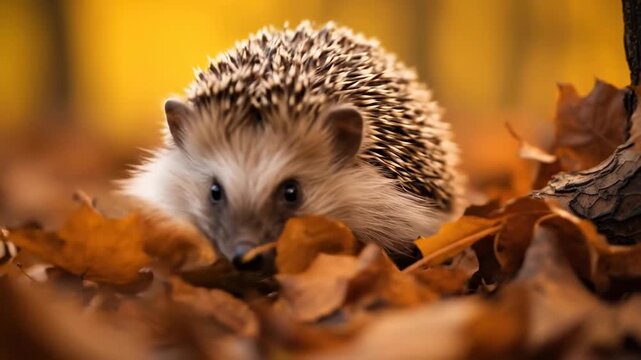 Close-up of a hedgehog on autumn leaves, low-angle shot. Perfect for a nature video. Live desktop wallpaper.