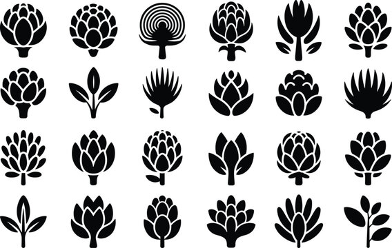 Black and white artichoke plant vector icons for culinary use and healthy eating concepts