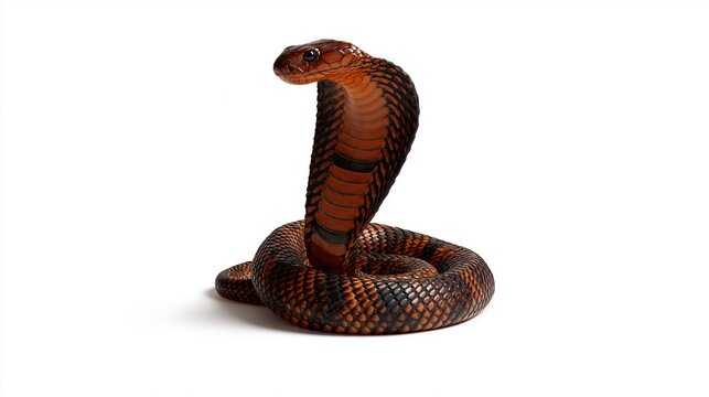Brown cobra snake coiled upright on white background