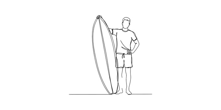 Young man standing and holding a surfboard in a continuous single line drawing style