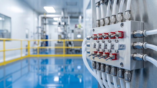 Pneumatic control manifold block with toggle switches and clear plastic tubing.