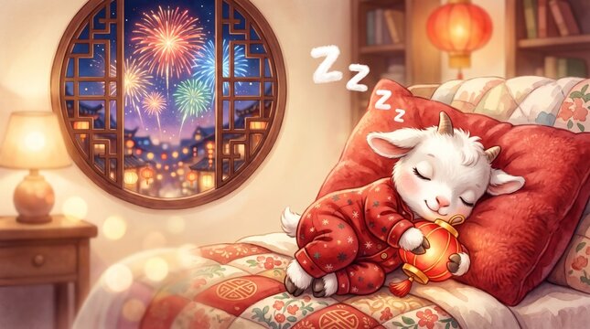 Sleeping baby goat in pajamas hugging red lantern Lunar New Year