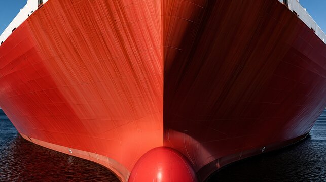 Massive red cargo ship bow in harbor waters