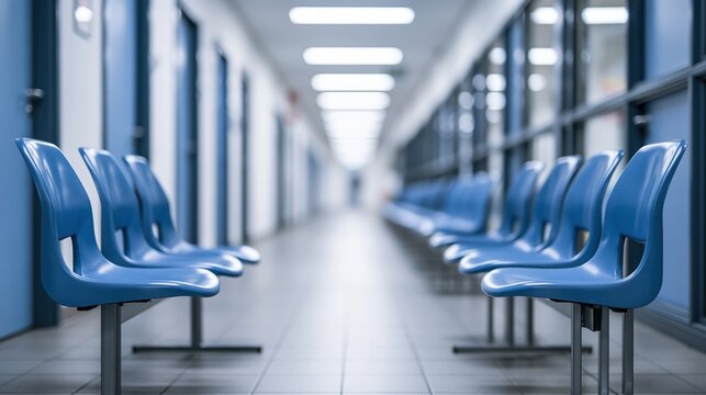 Empty blue plastic chairs in a long modern