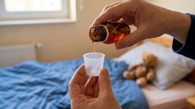Closeup of a parent pouring liquid medicine from a bottle into a small measuring cup for a sick child in a bedroom