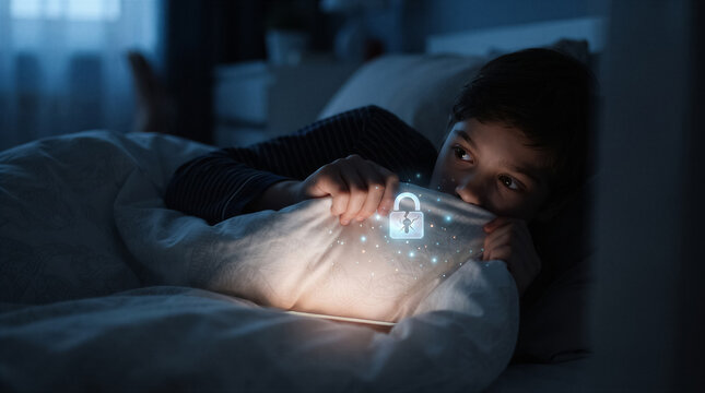Young boy lying in bed at night looking at a glowing broken padlock icon representing digital security and online safety