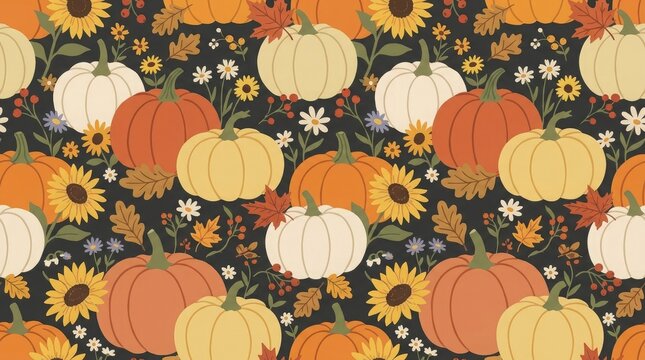 A vibrant and colorful thanksgiving pattern featuring pumpkins sunflowers and autumn floral designs