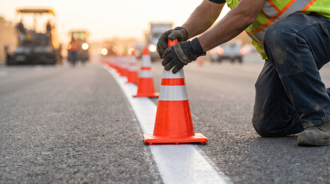 Road construction worker placing traffic cones along a freshly painted white line on a highway at sunset