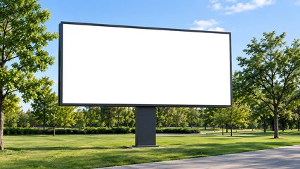 Fototapeta premium A blank billboard stands prominently in a lush green park under a clear blue sky outdoor advertising signage display poster