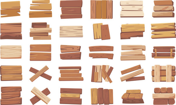 Collection of realistic wooden planks and construction elements, brown and neutral tones