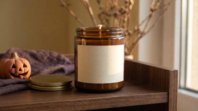 Amber glass candle jar with blank label on wooden shelf with small decorative pumpkin and dried branches in cozy home interior