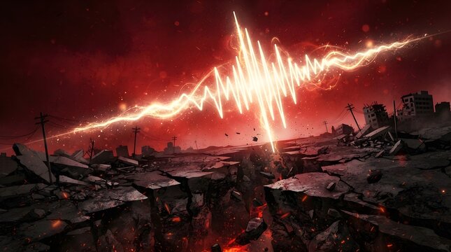Earthquake Seismic Wave and Cracked Earth Surface. Seismic Activity Visualization with Ground Crack. Geological Disaster, Earthquake Risk and Natural Hazard Concept