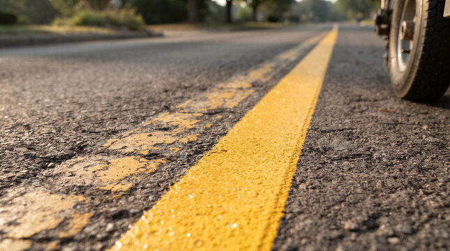 Closeup of a yellow painted line on an asphalt road surface with a vehicle tire visible in the corner