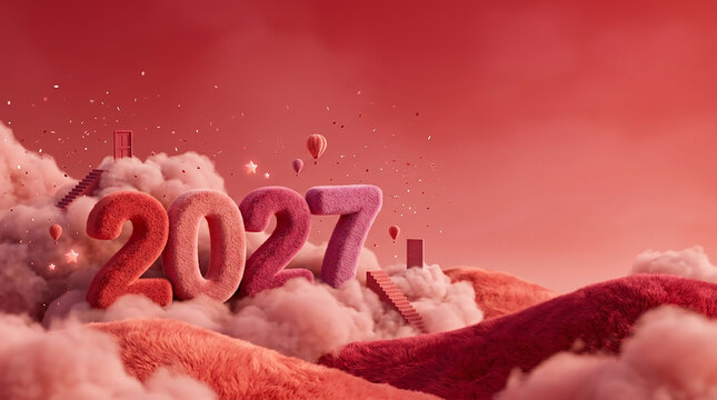 Surreal Happy New Year 2027 Concept with Red Plush 3D Numbers, Soft Fluffy Clouds, Stairs and Copy Space